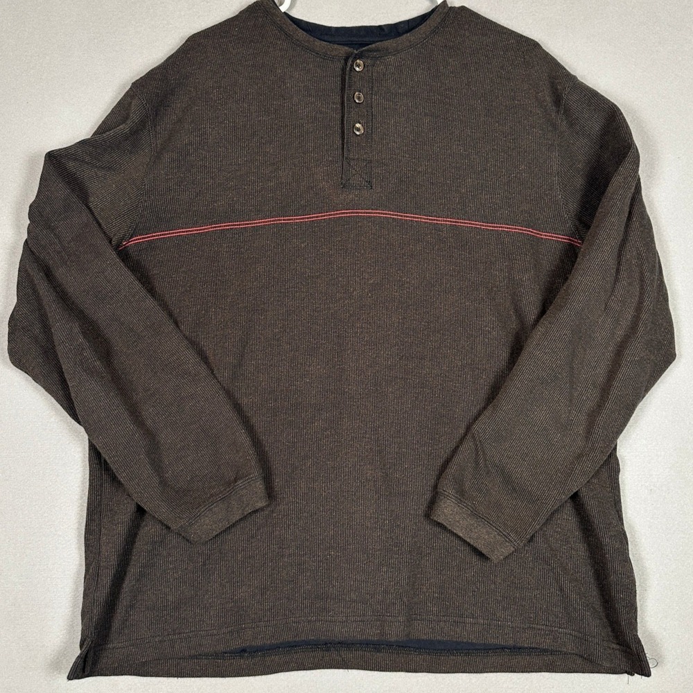Haggar Shirt Mens XL Henley Brown Red Stripe Waffle Knit  Long Sleeve Pullover